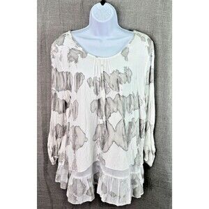 Feratelli Top Size L White & Gray Rayon 3/4 Sleeves Ruffle Hem Lace Split Back
